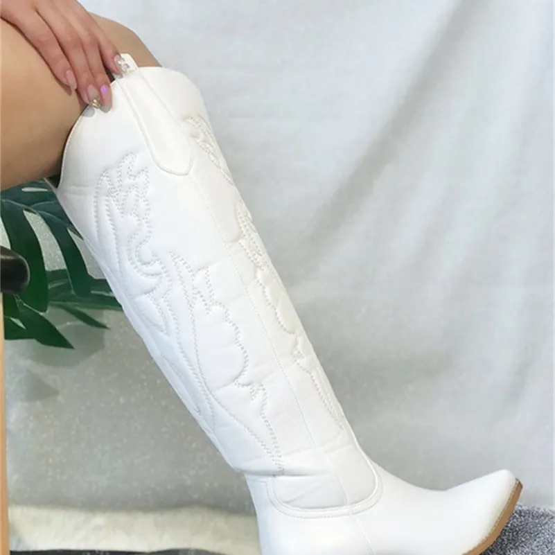 Boots Cowboy Cowgirls Western Autumn Winter White Kne High Women Big Size 41 Comfy Walking Stapled Heeled Vintage Shoes 220914