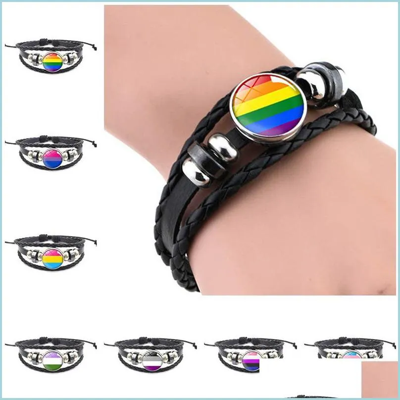 Charm Bracelets Lgbt Leather Snap Button Bracelet Pride Glass Cabochon Gay Rainbow Flag Po Charm Bangle For Women Men Lovers Jewelry Dh94T