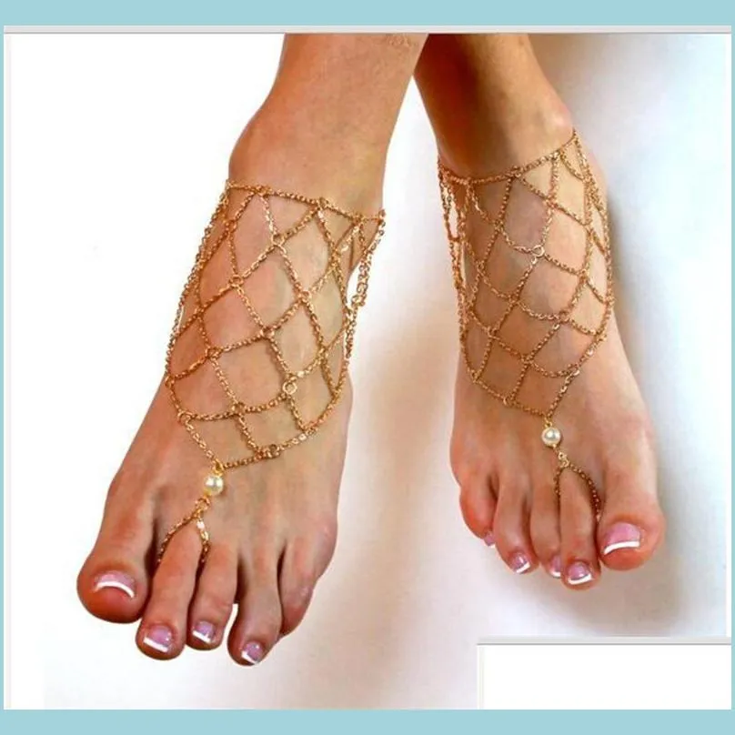Bracelets de cheville Nouveaux bracelets de cheville de chaîne en métal sexy pour femmes sandales aux pieds nus bracelets de cheville jambe d'or bikini plage pied bijoux net livraison directe Dhkiw