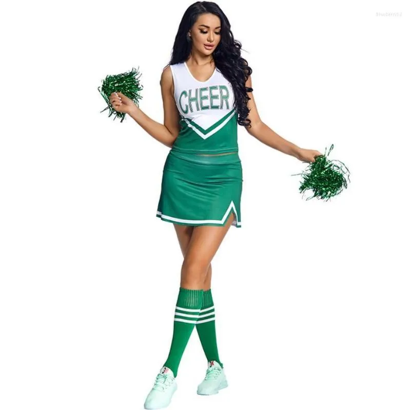 Trajes sexy Vestido de duas peças Mulheres colegial Cheer Cosplay Uniform Lingerie Lingerie Gleeing Cheerleader traje com meias pompoms Halloween