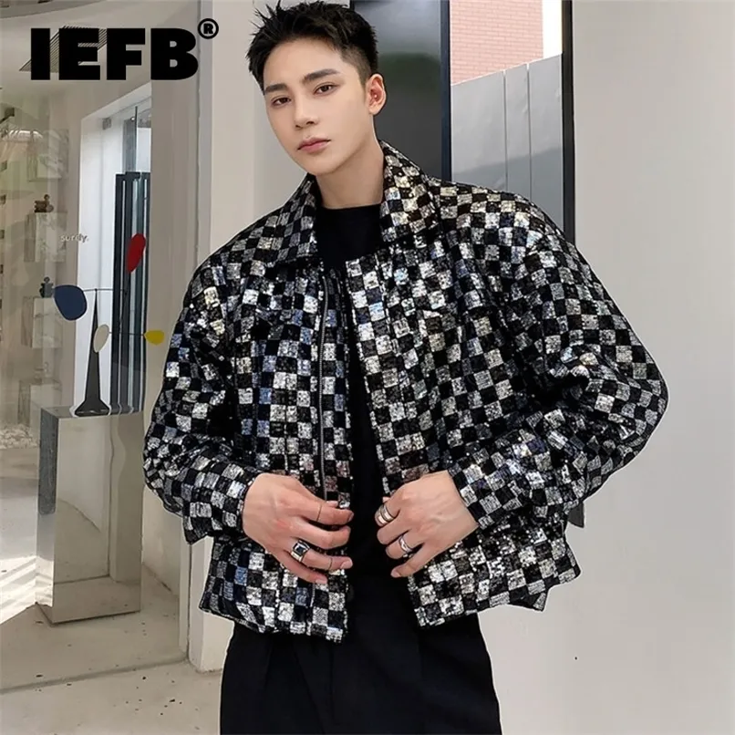 Vestes pour hommes IEFB Sequin brodé Plaid veste courte Chic Design revers manteau zippé automne vêtements surdimensionnés 9Y9983 220915