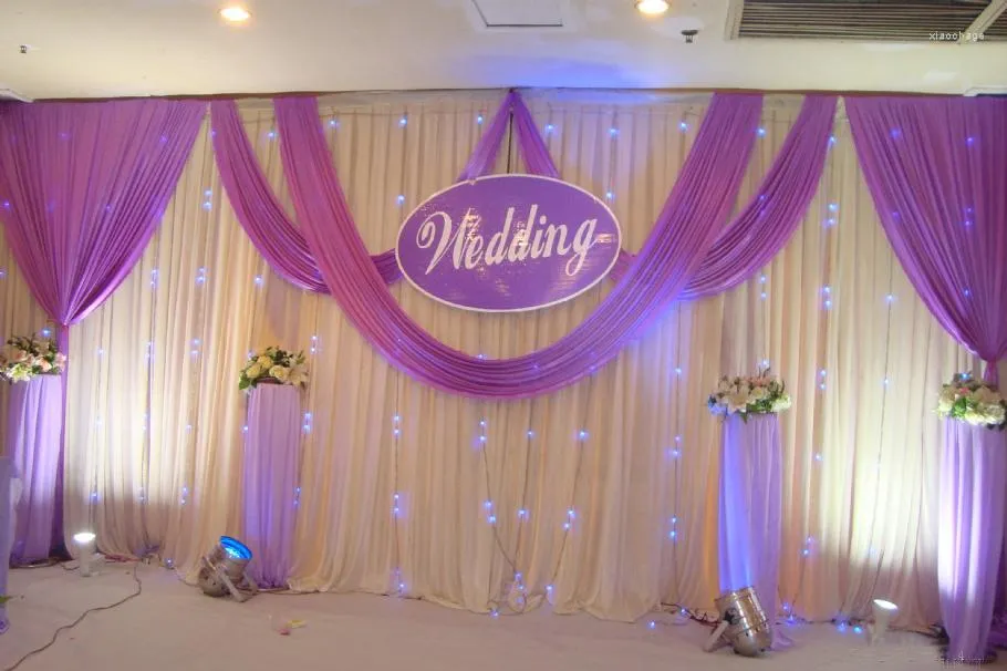 Décoration de fête DHL romantique 3X6M glace soie blanc toile de fond rideau de mariage avec butin violet plissé pour EventPartyBanquet