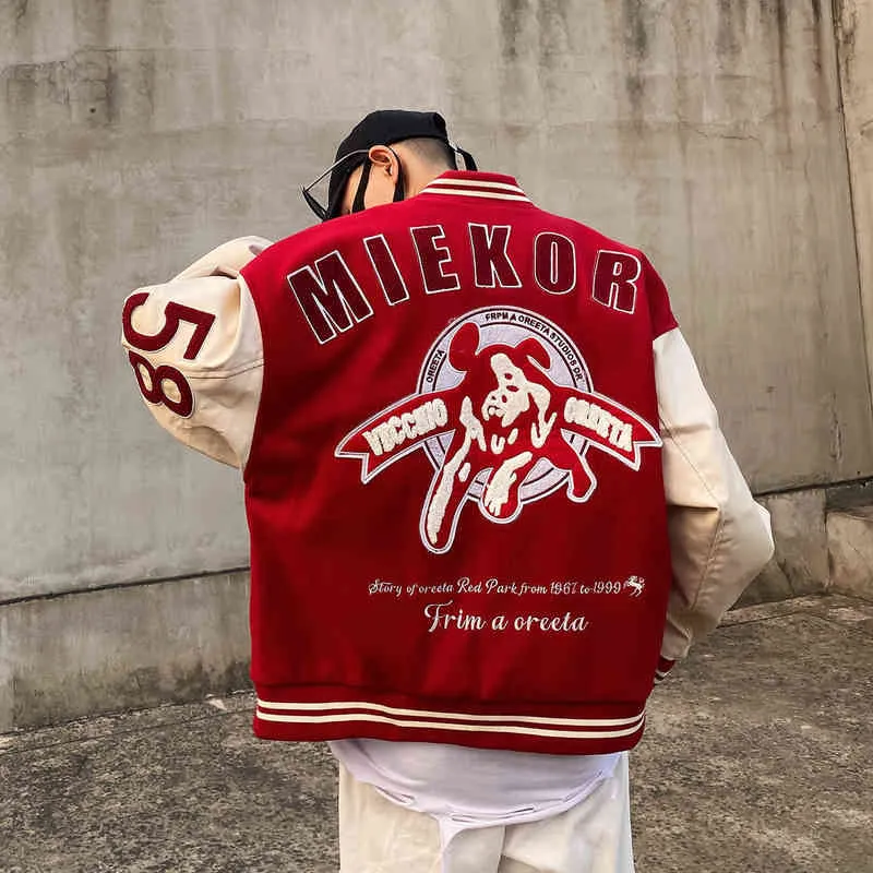 Chaquetas para hombre, chaqueta universitaria de gran tamaño negra y roja, chaqueta Vintage para hombre con bordado de letras r, abrigos de bombardero de béisbol para mujer, ropa informal estilo Hip Hop de cuero