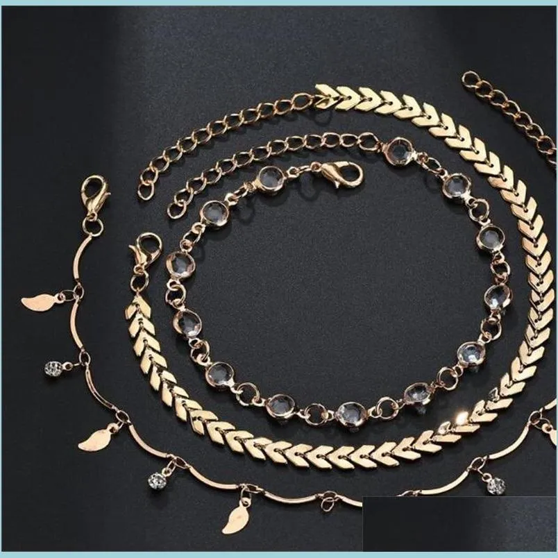 Anklets Anklets Three Piece Set Women Ankle Jewelry Rhinestone Iron Sheet Small Leaves Lady Fashion Ankles Bracelets 3 74Gt J2B Drop Dhx3A