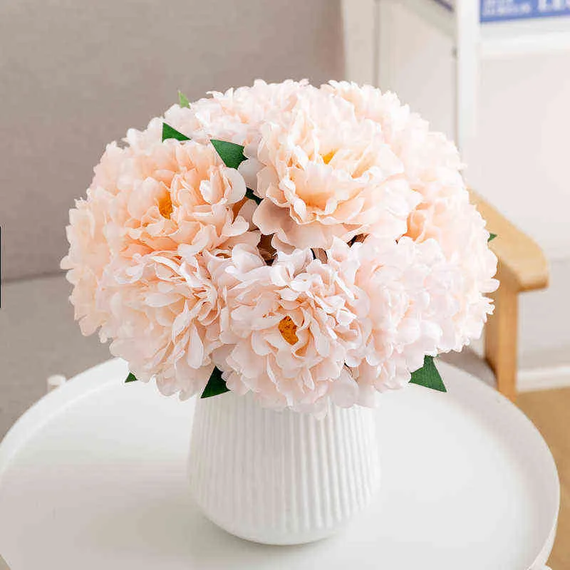 Finto verde floreale 5 pezzi fiore di peonia artificiale rosa seta grande bouquet sposa con fiore finto scena decorazione decorazione della casa J220906