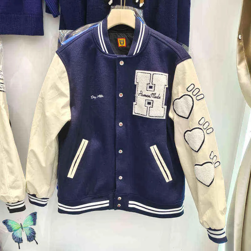 Мужские куртки Human Made Varsity Jacket Sheep Tweed Uniform Love Embroidery Кожаный рукав Бейсбольная куртка T220914