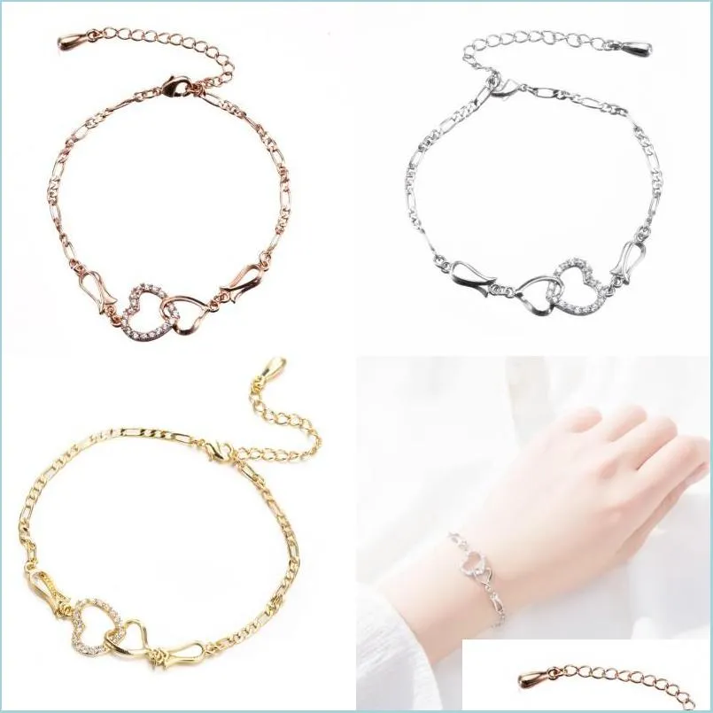 Cavigliere Donna Estate Spiaggia Piedi Gioielli Oro Sier Rose Regolabile Cz Doppi cuori Cavigliera Bracciale a catena per la festa nuziale 295 W2 Dro Dhlrx