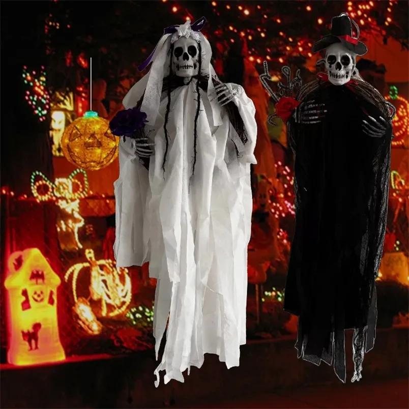 Decorazione per feste Halloween Teschio appeso in bianco e nero Fantasma Morte Fantasma Porta Horror Puntelli Decorazione giardino esterno Halloween 220915