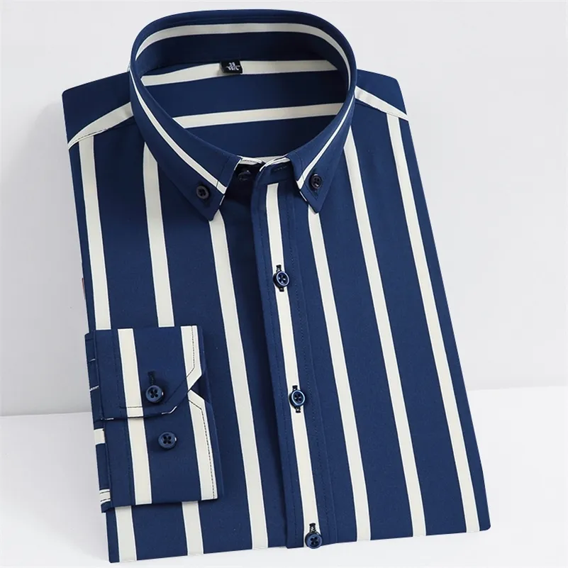 Men's Casual Shirts Noniron Stretch Long Sleeve Striped Dress Smart Smooth Material Standardfit Youthful Buttondown Shirt 220915