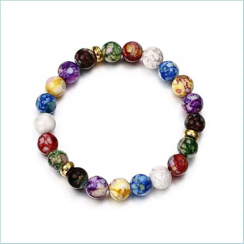 Hebras de cuentas Natural Dl Pulseras de piedra polaca Colorf Chakra Yoga Energía Oración budista Grano Pulsera de cuentas de bronce Adorno 3050 Dhkgp