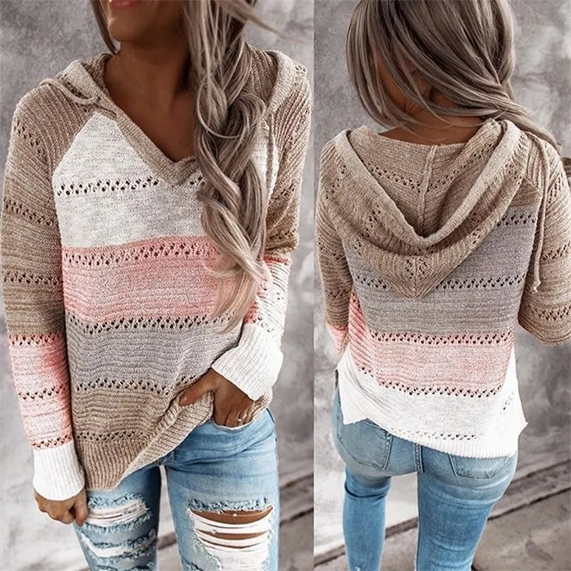 Women's Knits Tees Autumn Patchwork Hooded Sweater Women Casual Long Sleeve Knitted Sweater Top Winter Striped Elegant Pullover Jumpers 220915