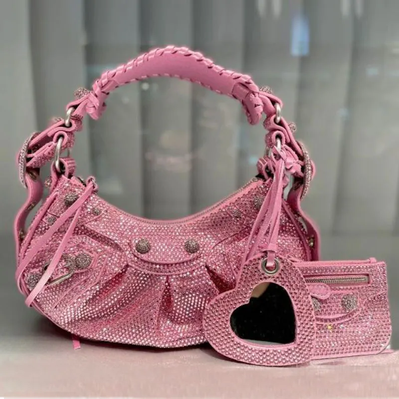 Diamante Crossbody Bag for Women Soft Cow Leather Shoulder Bag with Rhinestone Zipper Pocket Champagne