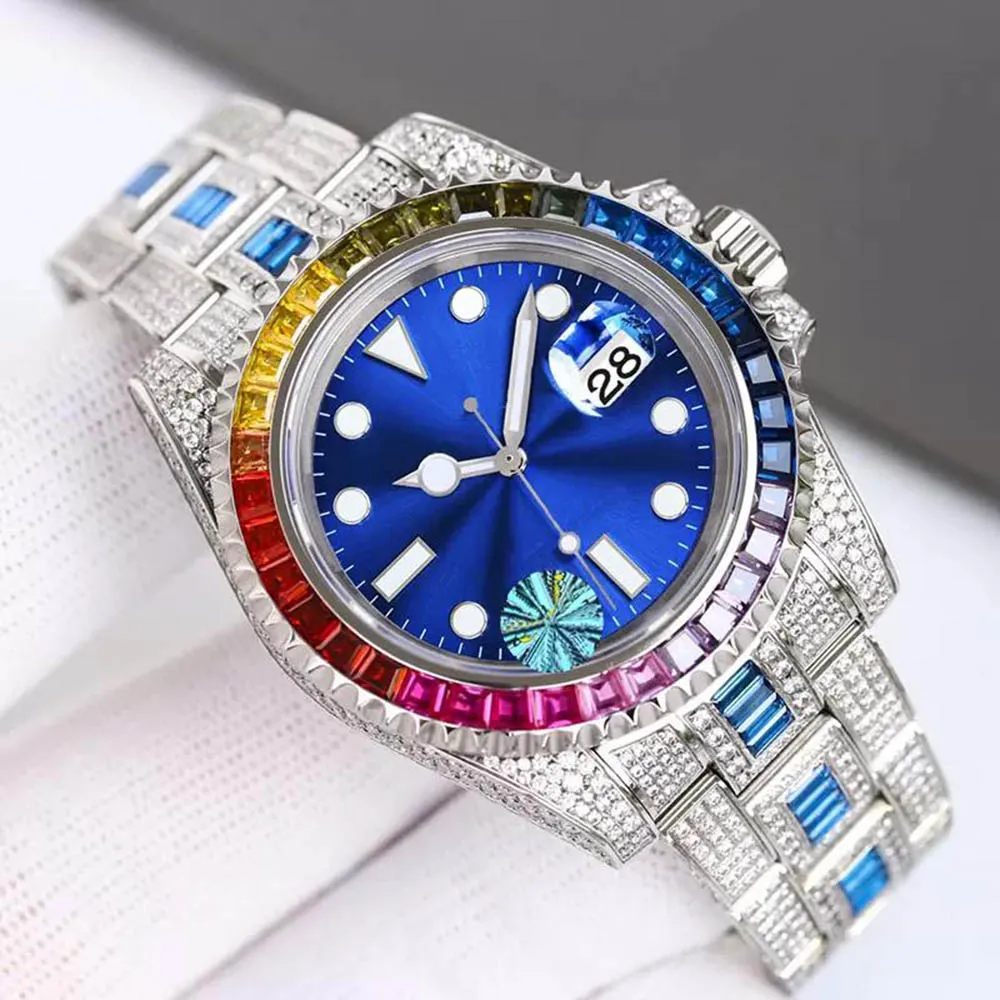 Orologio Full Diamond Orologi meccanici automatici da uomo 40mm con cinturino in acciaio tempestato di diamanti Quadrante con diamanti quadrati arcobaleno Orologi da polso con zaffiro Montre de Luxe