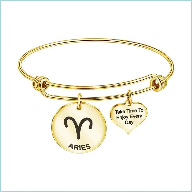 Charm Bracelets 12 Constellation Zodiac Bangle Cuff Take Time Enjoy Every Day Letter Carved Heart Coin Charm Stainless Steel Adjustab Dhos0