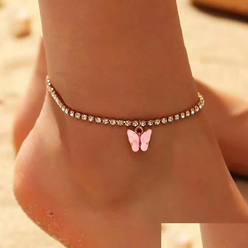 Bracelets de Cheville Doux Mignon Papillon Cheville Strass Cristal Bracelet Boho Plage Acrylique Bracelets De Cheville Pour Femmes Sandales Pied Bracelets Femme Je Dh50W