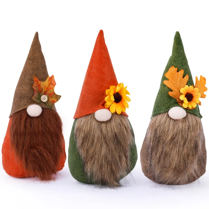 Festive Harvest Thanksgiving Decorations Gnomes Plush Elf Dwarf Doll Figurine with Autumn Maple Leaves Party Supplies XBJK2209