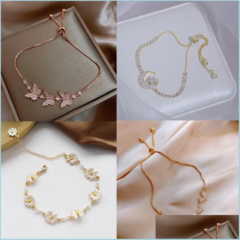 Charm Bracelets Korean New Luxury Crystal Flower Cubic Zirconia Pendant Bracelet Women Round Butterfly Shiny Rhinestone Bangle Jewelr Dh4Ft