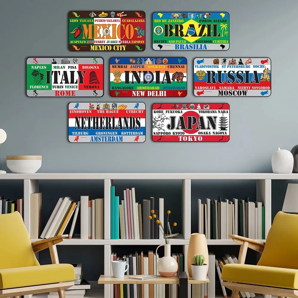 Funny Designed National Flag States Metal Painting Tin Sign Vintage Country Poster France Spain USA Car License Plate for Bar Home Restaurant Wall Decor 15x30cm