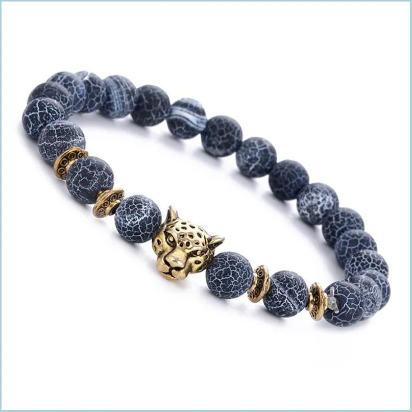 Fili di perline 8Mm Bracciale con fili di perline nere Agata resistente agli agenti atmosferici Bracciali in oro con testa di leopardo Moda Uomo Accessori per gioielli Dhskt