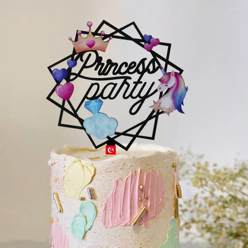 Festliche Lieferungen Prinzessin Party Geburtstag Kuchen Topper Krone Herz Glücklich Bemalte Acryl Flaggen Für Mädchen Backen Dekor