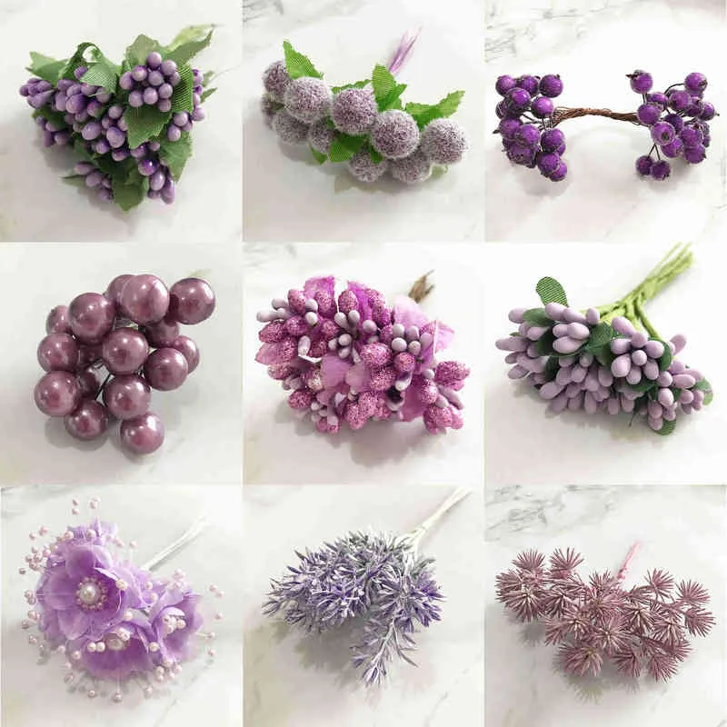 Faux Floral Verdure 681012507090 Pcs Mix Violet Fleur Cerise Farine Fils Baies Bundle Diy Noël Gâteau De Mariage Coffret Cadeau Couronnes Décor J220906