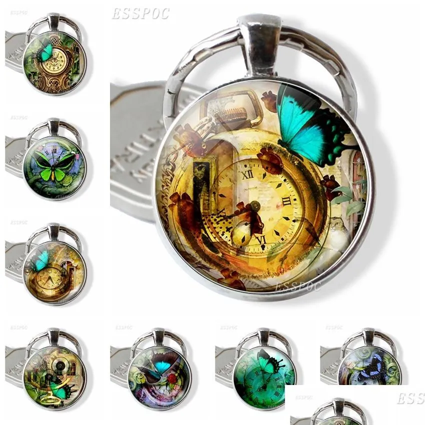 Keychains Butterfly And Clock Keychain Romantic Jewelry Picture Glass Donme Pendant Metal Keyring Fashion Accessories Fo Naturalstore Dh8Po
