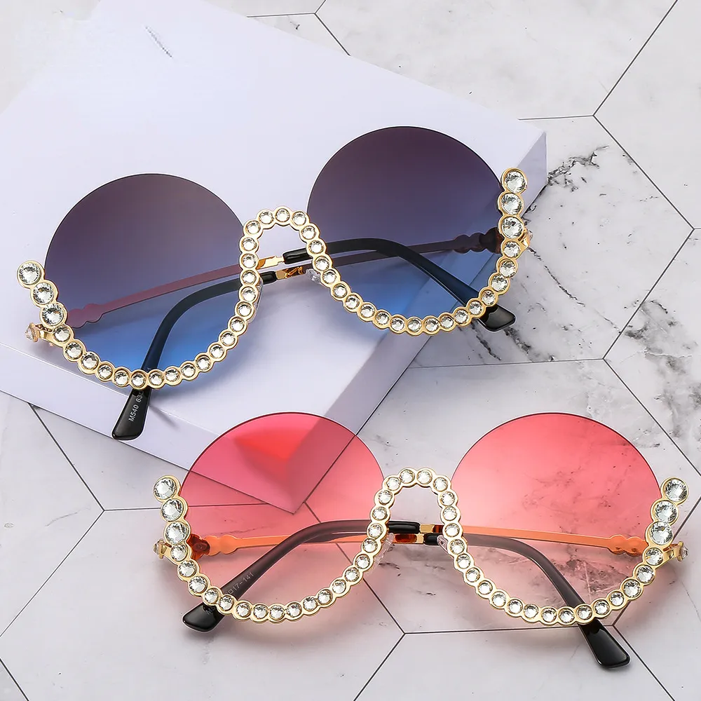 Fashionable Sunglasses Lady Driving Personalized Round Frame Diamond-encrusted Glasses