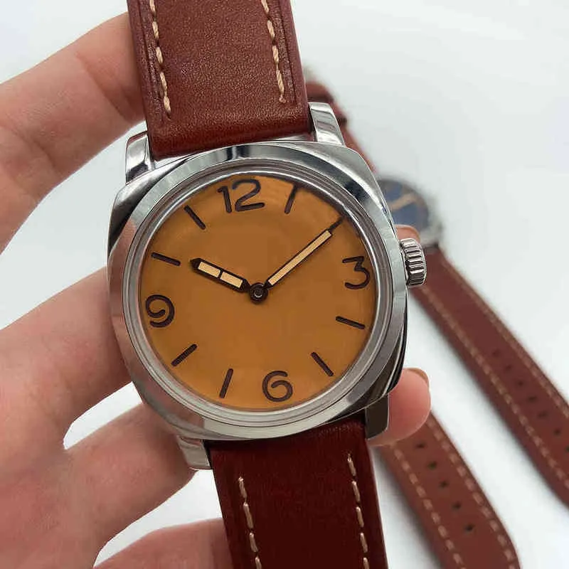 47mm Mens Mechanical Watch 316l Rostfritt stål Polerat fall 17 Juvelmanual Rörelse Lysande hand Real Leather L3VV