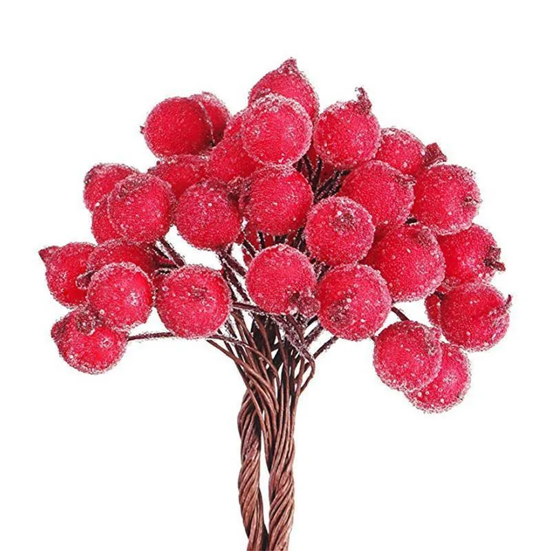 Couronnes de fleurs décoratives décoratives mini baies artificielles givrées de Noël baies de houx rouges vives guirlande de maison nouveau beau décor Dhx3I