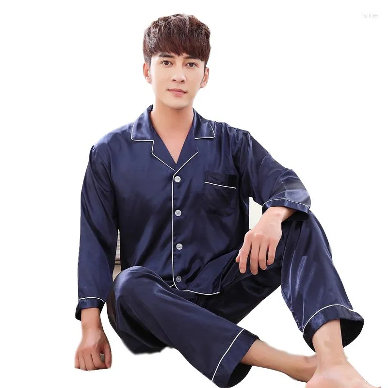 Men's Tracksuits 2022 Autumn Sleepwear Male Pajama Set Soft Nightgown For Men Pyjamas Sleep Lounge Big Size M-3XL Satin Silk Pajamas Long
