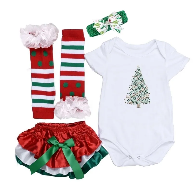 Ensembles de vêtements 4 pièces bébé fille tenue ensemble né enfant en bas âge filles vêtements arbre de noël strass hauts body à volants pantalon bandeau infantile 220915