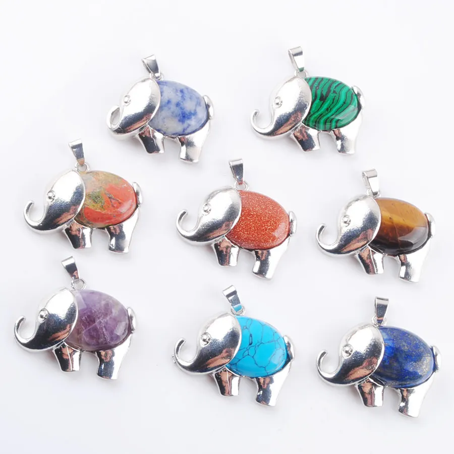 Elephant Pendants Necklace Natural Gem Stone Crystal Pendant Onyx Lapis Lazuli Opal etc Pendulum Charms Amulet Jewelry For Women BN370