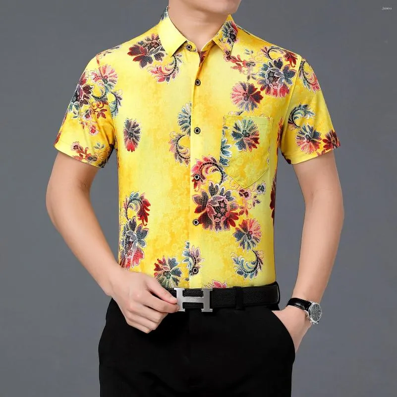 Camisas casuais masculinas de verão floral estampado de seda flores machos de rua de rua curta manga de impressão de roupas de roupas de clube