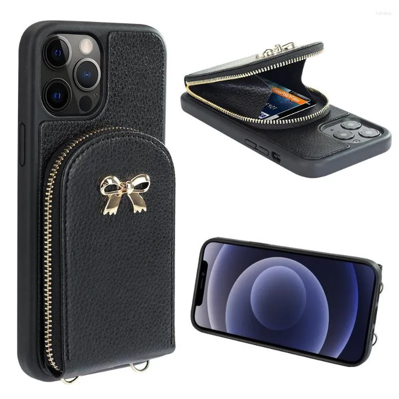 Korthållare Fashion Pu Leather Portable Bow dragkedja Väska Plånbok Slot Telefonhållare Fodral för iPhone 11 12 Pro Max Handväska