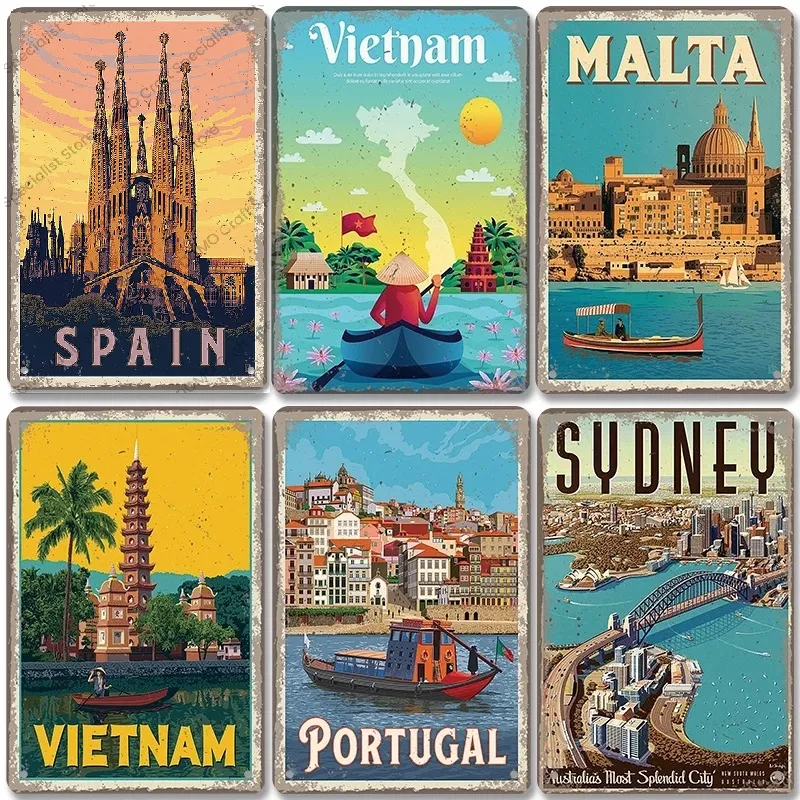 Affiche de paysage de la ville c￩l￨bre Signes de peinture en m￩tal vintage Budapest Malta Sydney Tin Plate Retro Wall Art Decor for Living Room Home Hisimple Brand