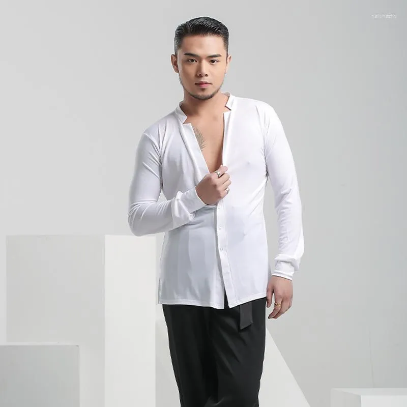 Vêtements de scène col en v danse latine hauts hommes salle de bal pratique Performance Costume Tango tenue moderne Salsa vêtements JL4304