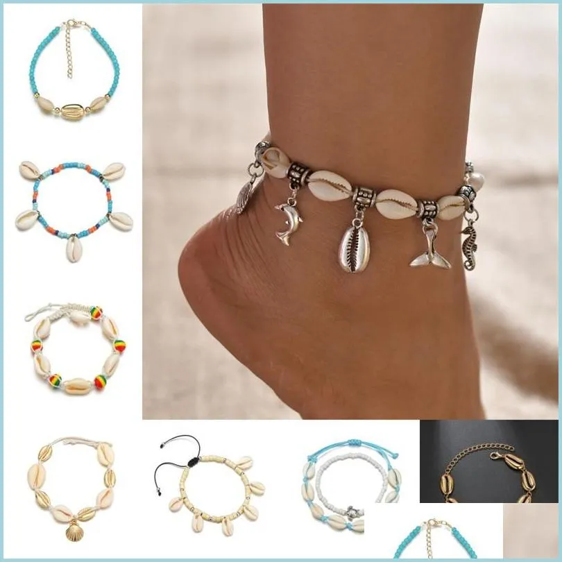 Anklets Bohemian Sea Shell Anklet for Women Seed Pärlor Kedjor Dolphin Turtle Pendant Charm sommarstrand barfota ankelarmband på Le DHK5G