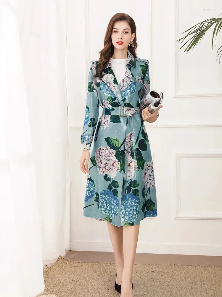 Kvinnors trenchrockar Kvinnors modebanan 2022 Spring Midi Coat Women Flowers Printed High Quality Elegant Belt Office Lady Lady Lady