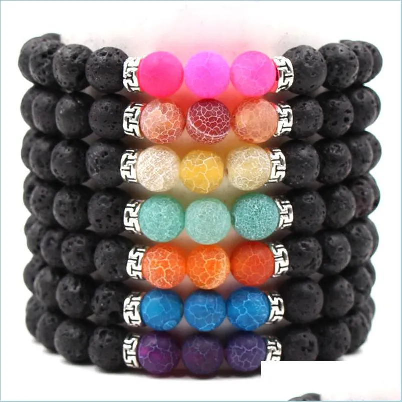 Brins de perles 8 mm Bracelet chakra noir Lave naturelle Roches volcaniques Colorf Femme Homme Force élastique Bracelets de perles Yoga 2 6Xd K2B Dhzst