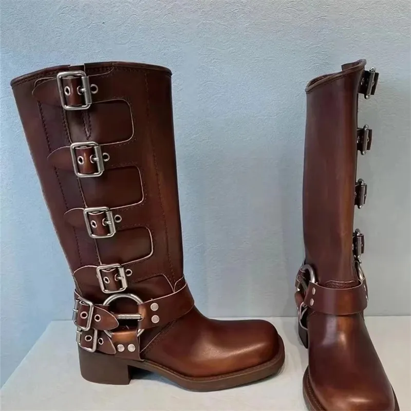 2022 New Women Knee High Boots Metal Buckle Rivets Punk Gothic Winter Long Boots Female Footwear Low-Heeled Middle Tube Shoes