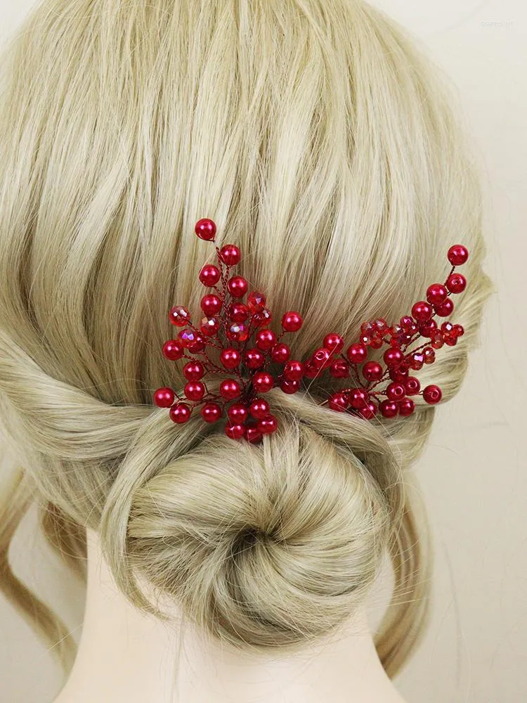 Headpieces Bride Red Pearls 2PCS Hair Pins Bohemian Crystal Women Flower Jewelry Wedding Accessories For Party Clips