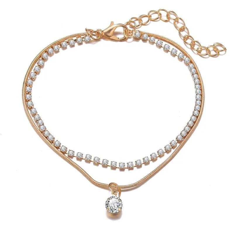 Cavigliere Cavigliera a due piani Cavigliera con strass in cristallo Braccialetto con ciondoli alla caviglia Boho Beach Cavigliere per donna Sandali Braccialetti per piedi Matrimonio femminile Dh0Wl