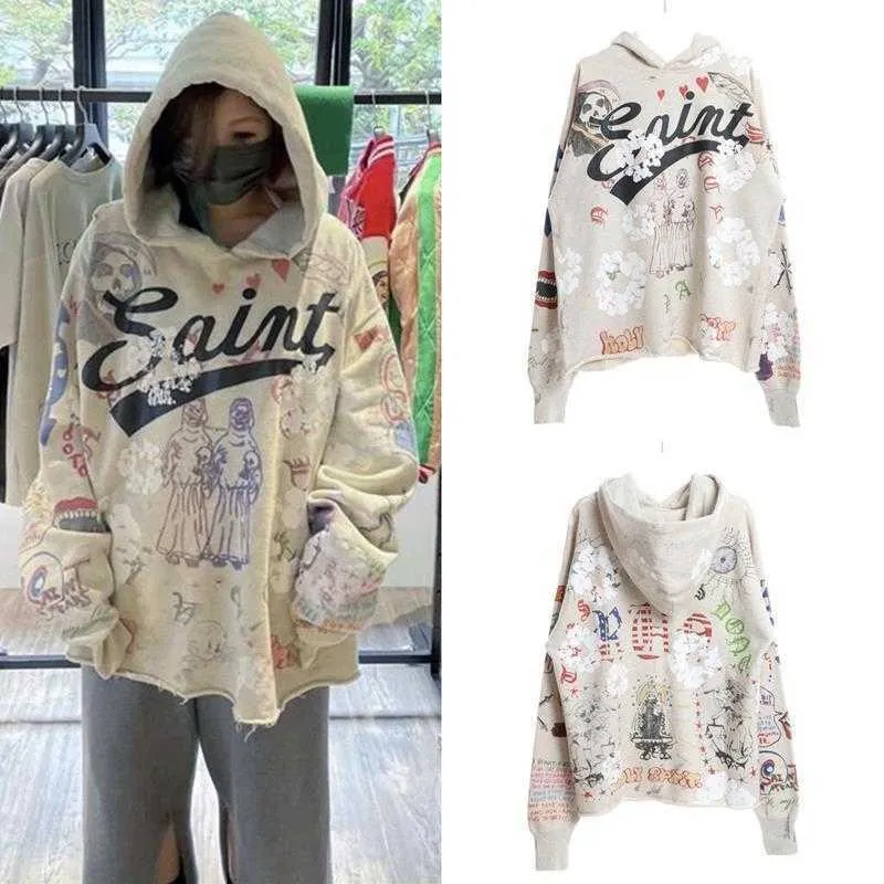 DHgate Designer Denim Hoodie Saint Michael Co branded Kapok Graffiti Print 2024 Apparel