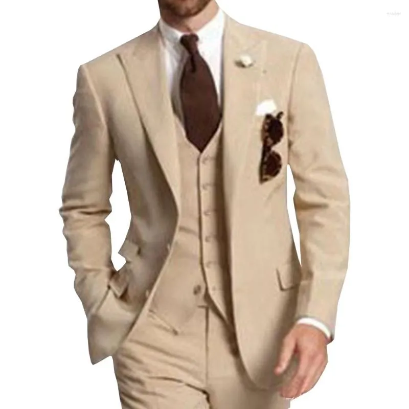 Men's Suits Beige Three Piece Business Party Men Peaked Lapel Two Button Custom Made Wedding Groom Tuxedos 2022 Jacket Pants Vest
