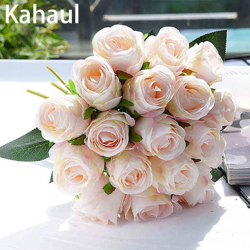 Faux Floral Greenery Pink Silk Artificial Flowers Rose Bouquet For Home Wedding Decoration Dusty Rose Fake Flower Autumn Table Decor Party Items J220906