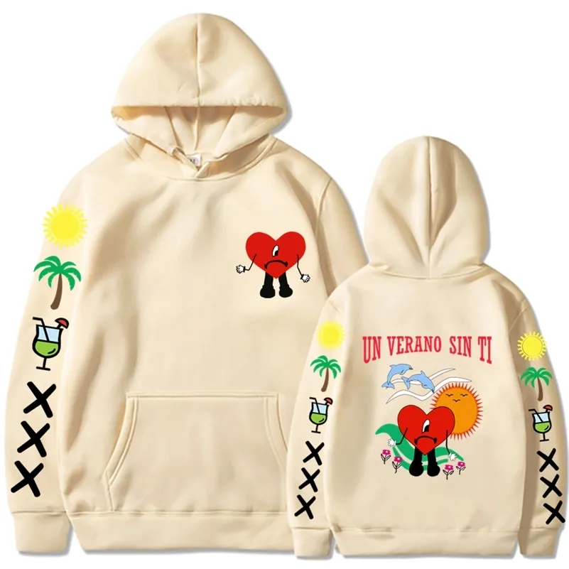 Men s Fleece Hoodie Bad Bunny UN VERANO SIN TI Graphic Print Double Sided Oversized Pullover Streetwear Casual 2024