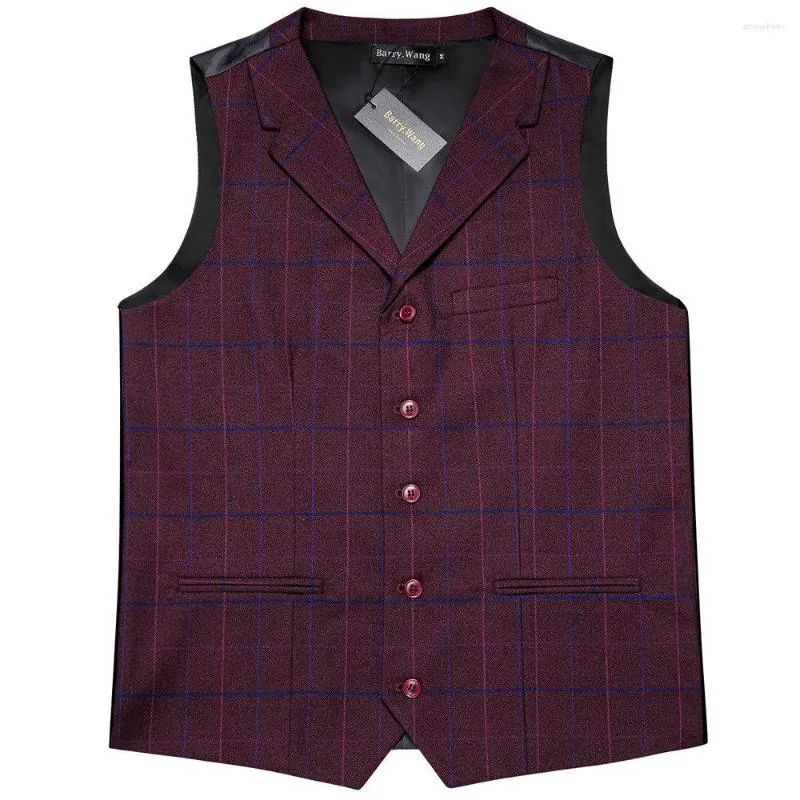 سترات الرجال Barry.wang Design Suit Suit Vest Red Plaid Weistcoat Wool Blend Termored Terment V-Neck 2 Pocket Italial Leisure G-2206