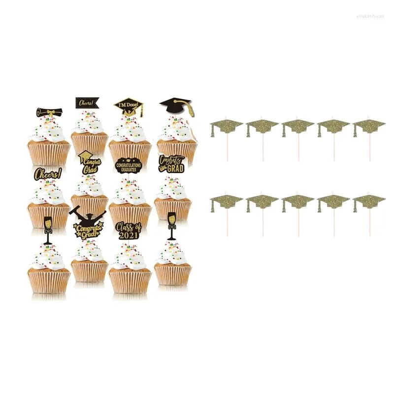 Fournitures de fête 12 pièces paillettes Cupcake Toppers décoration gâteau drapeaux bâton pour 2022 remise des diplômes fête des diplômés