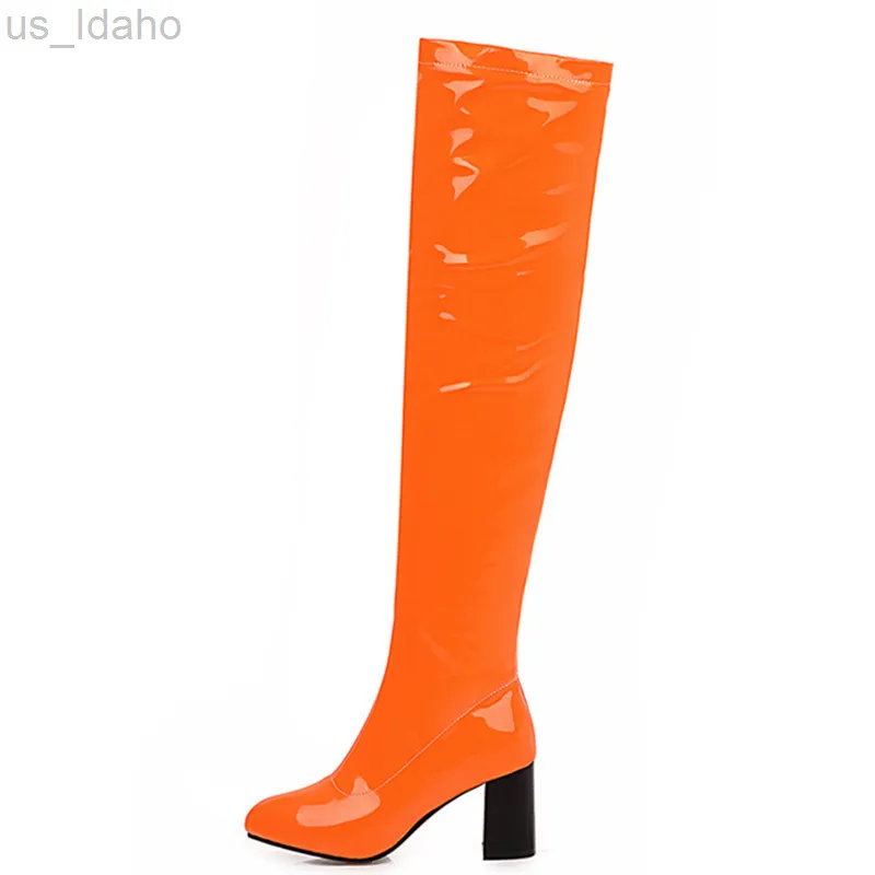 Boots Fashion Over the Knee Boots Women Orange Red Yellow Green Patent Thigh High Boots Square High Heels Party Shoes Lady Plus Size L220915