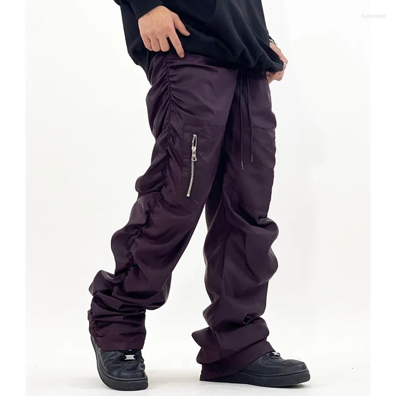 Men's Pants High Street Multi-pockets Ruched Solid Color Mens Cargos Retro Pleated Straight Casual Loose Drawstring Baggy Trousers